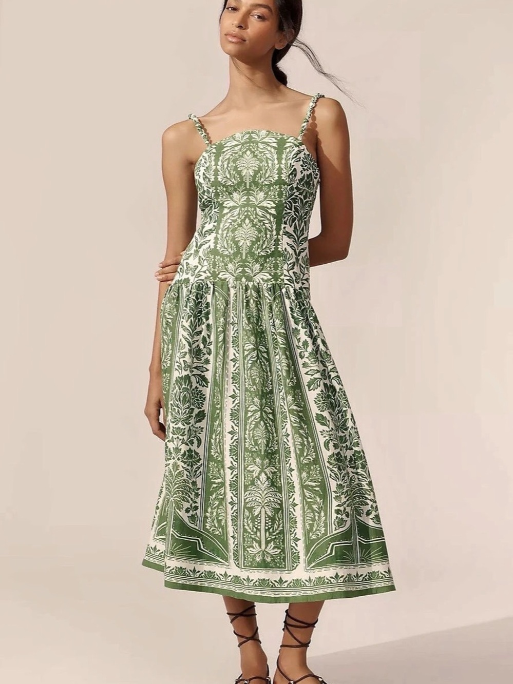 Farm Rio Delicate linen Tapestry Midi Dress, Green & White